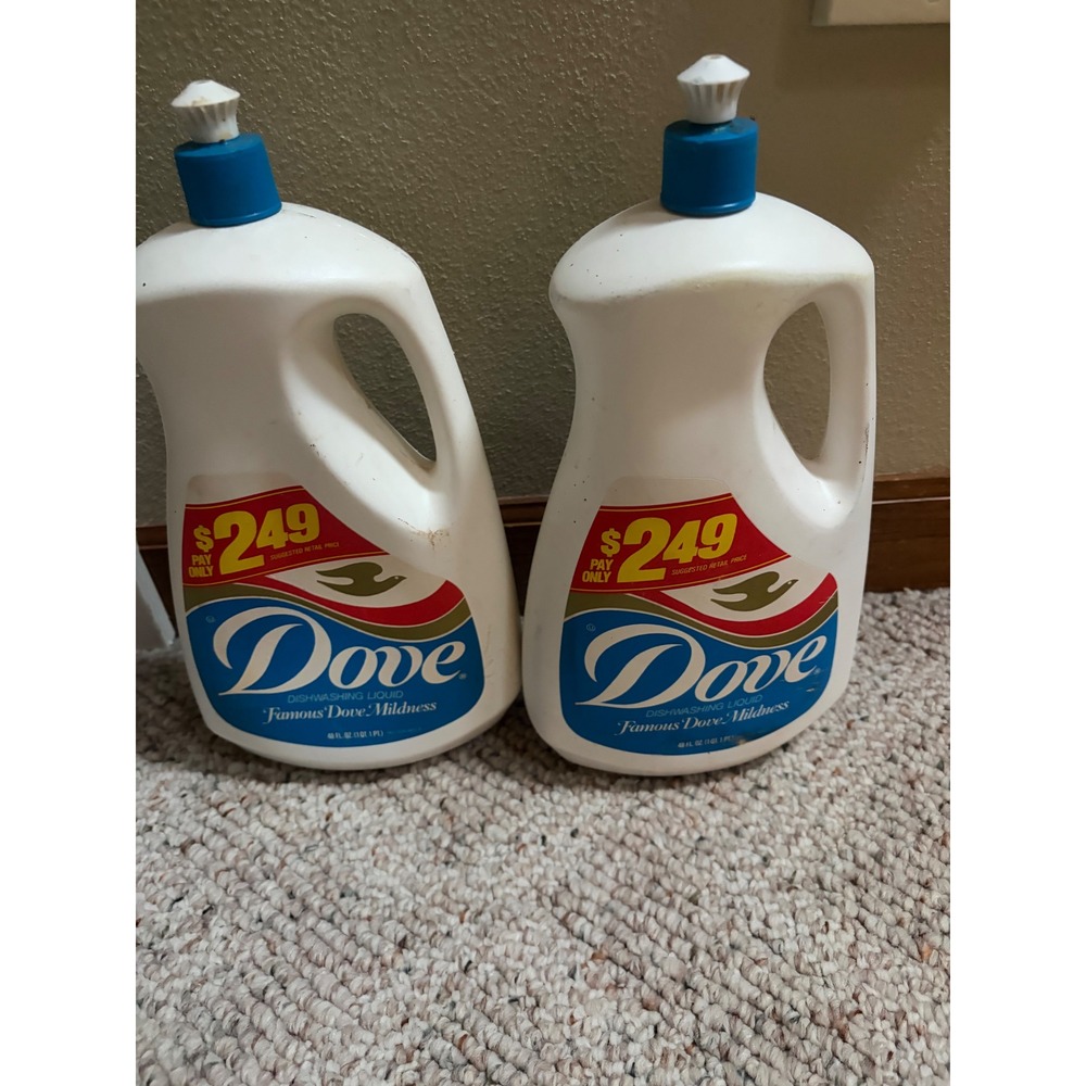 Vintage Dove Dishwashing Liquid Bottles Lot of 2 48oz Famous Dove Mildness Prop